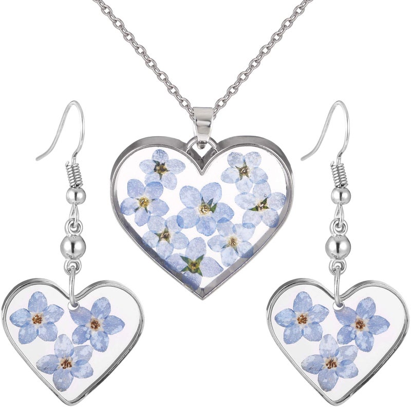 FM FM42 Dried Pressed Blue Forget-me-not Flowers Love Heart Dangle Earrings & Pendant Necklace Jewelry Set - Image 1